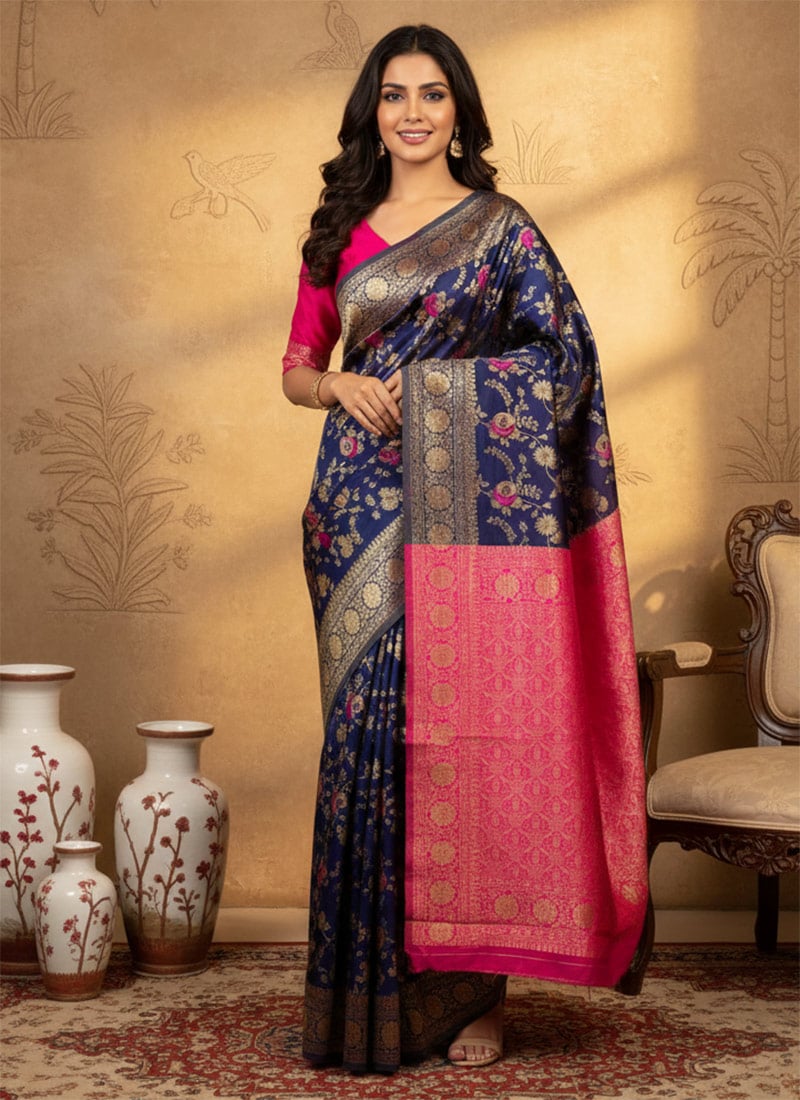 Blue Silk Zari Brocade Saree Festive Wear