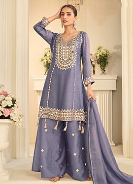 Blue Silk Zari Embroidered Mirror Work Palazzo Suit