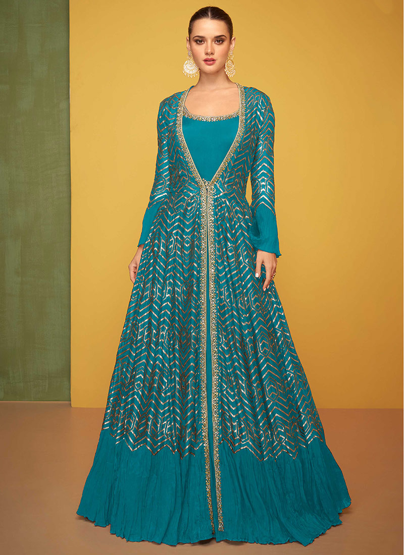 Blue Silk Zari Embroidered Sequins Anarkali Gown With Jacket Festive Wear
