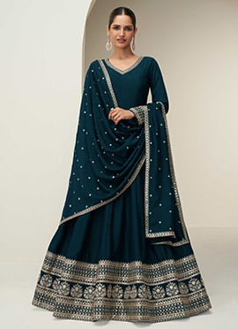 Blue Silk Zari Embroidered Sequins Anarkali Suit