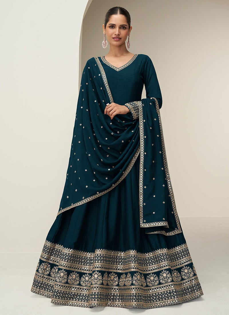Blue Silk Zari Embroidered Sequins Anarkali Suit Festive Wear