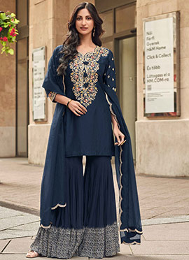 Blue Silk Zari Embroidered Sequins Elegant Sharara Suit