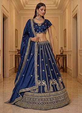 Blue Silk Zari Embroidered Sequins Lehenga
