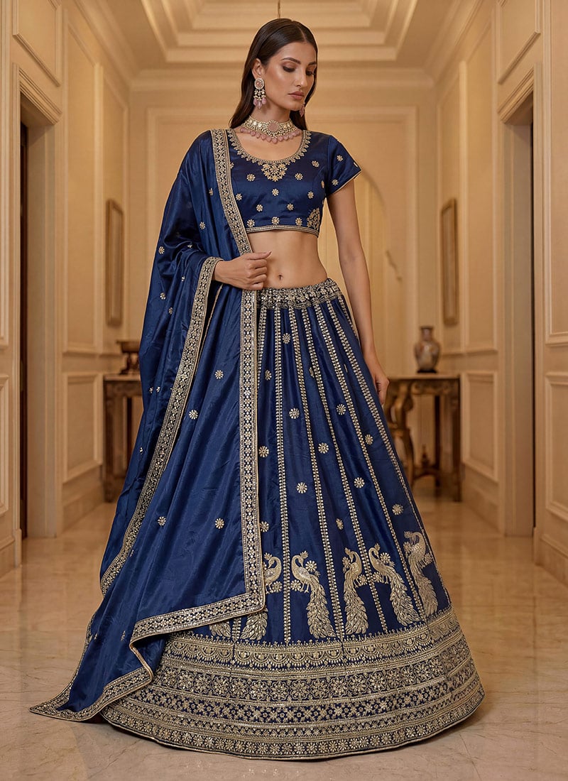 Blue Silk Zari Embroidered Sequins Lehenga  Wedding Wear