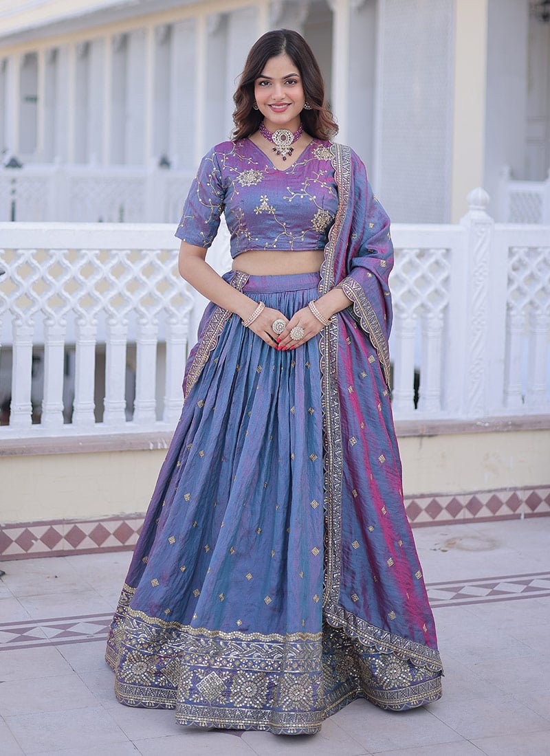 Blue Silk Zari Embroidered Sequins Lehenga Wedding Wear