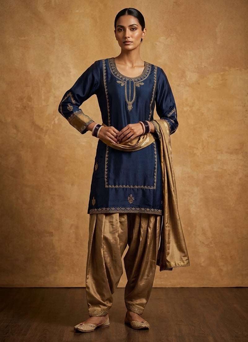 Blue Silk Zari Embroidered Sequins Patiala Suit Festive Wear