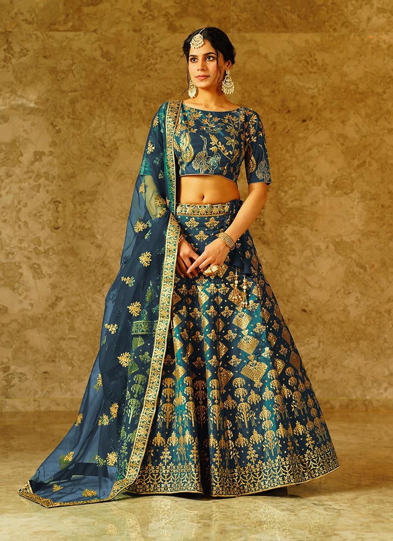 Blue Silk Zari Embroidered Sequins Stylish Lehenga Wedding Wear