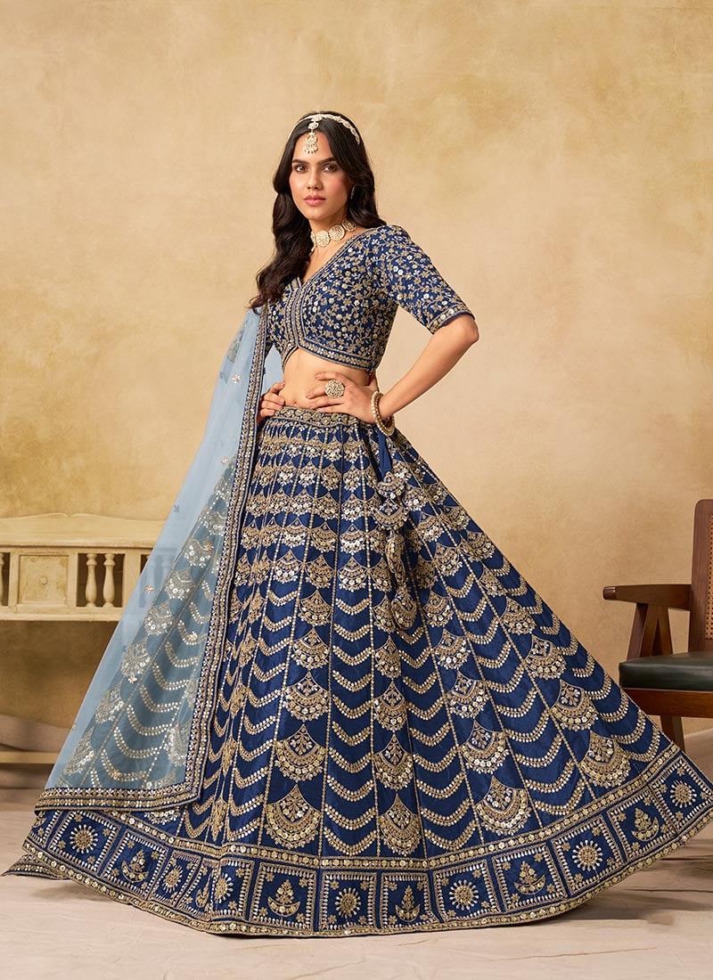 Blue Silk Zari Embroidered Sequins Umbrella Lehenga Wedding Wear