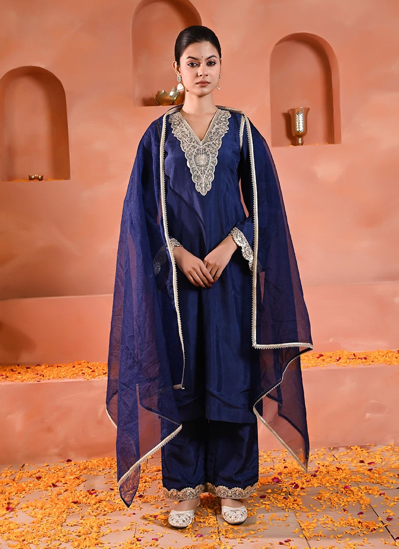 Blue Silk Zari Embroidered With Patch Work Straight Pant Suit Festive Wear