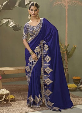 Blue Silk Zari Gota Embroidered Sequins Saree