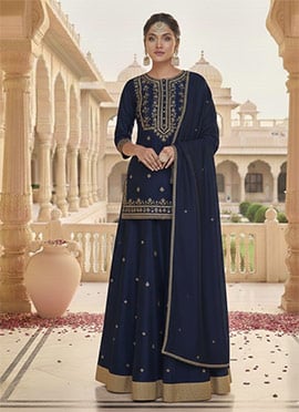 Blue Silk Zari Hand Embroidered Long Choli Style Lehenga Set