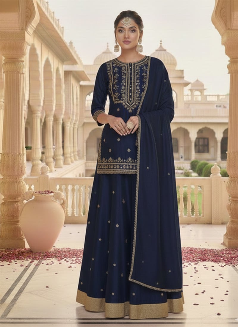 Blue Silk Zari Hand Embroidered Long Choli Style Lehenga Set Festive Wear