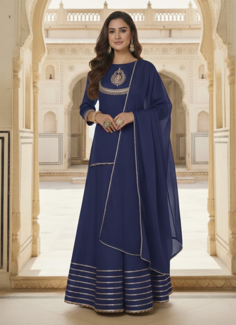 Blue Silk Zari Hand Embroidered Long Choli Style Lehenga Set Festive Wear