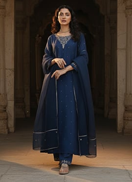 Blue Silk Zari Hand Embroidered Sequins Straight Pant Suit