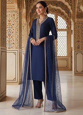 Blue Silk Zari Hand Embroidered Sequins Straight Pant Suit