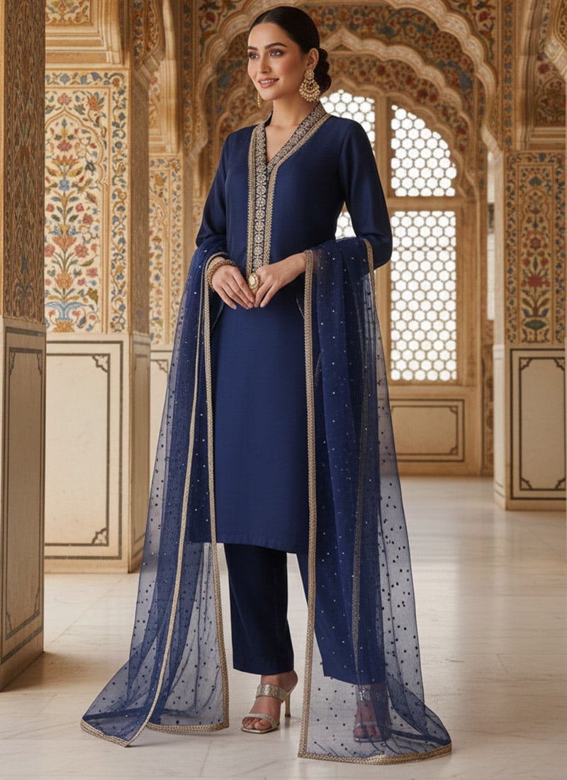 Blue Silk Zari Hand Embroidered Sequins Straight Pant Suit Festive Wear