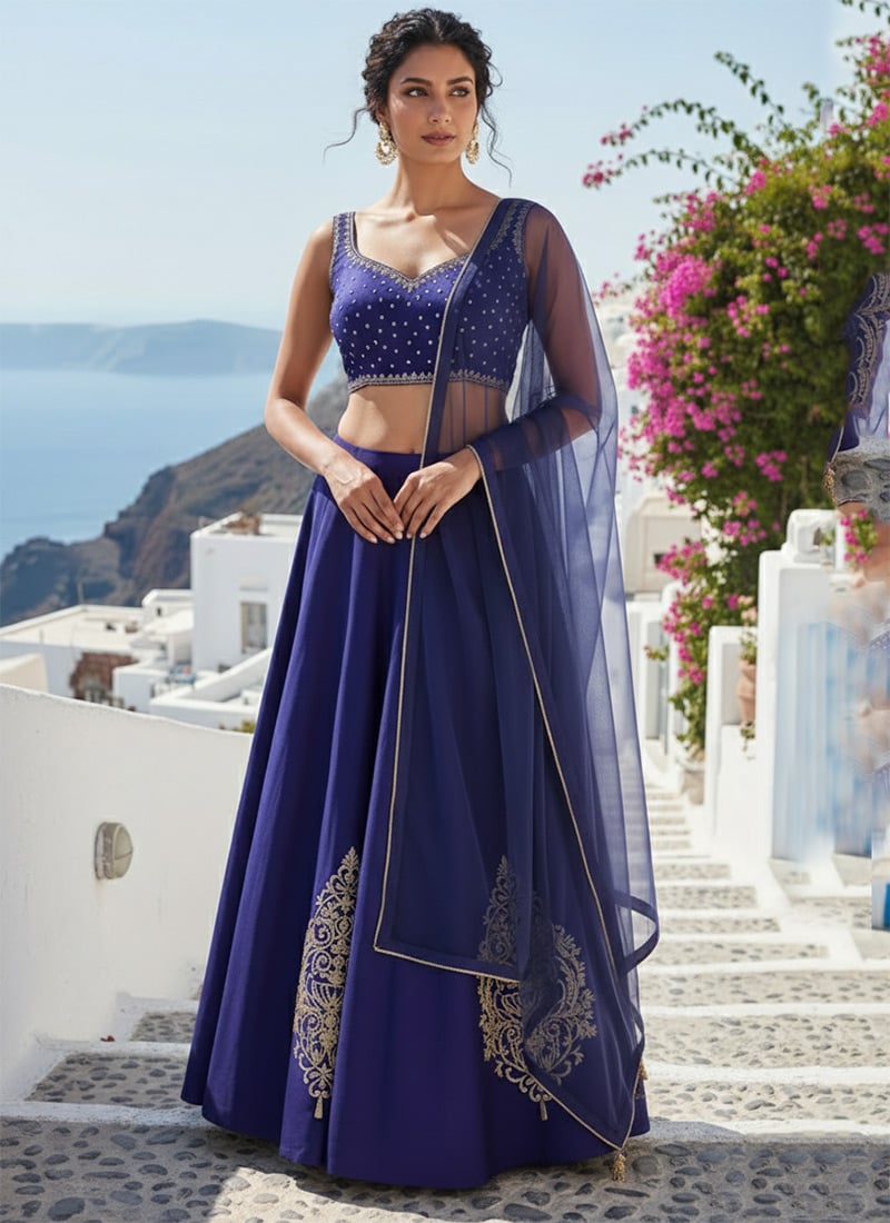 Blue Silk Zari Hand Embroidered Stones Sequins Lehenga Wedding Wear