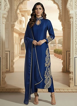 Blue Silk Zari Hand Embroidered Straight Pant Suit