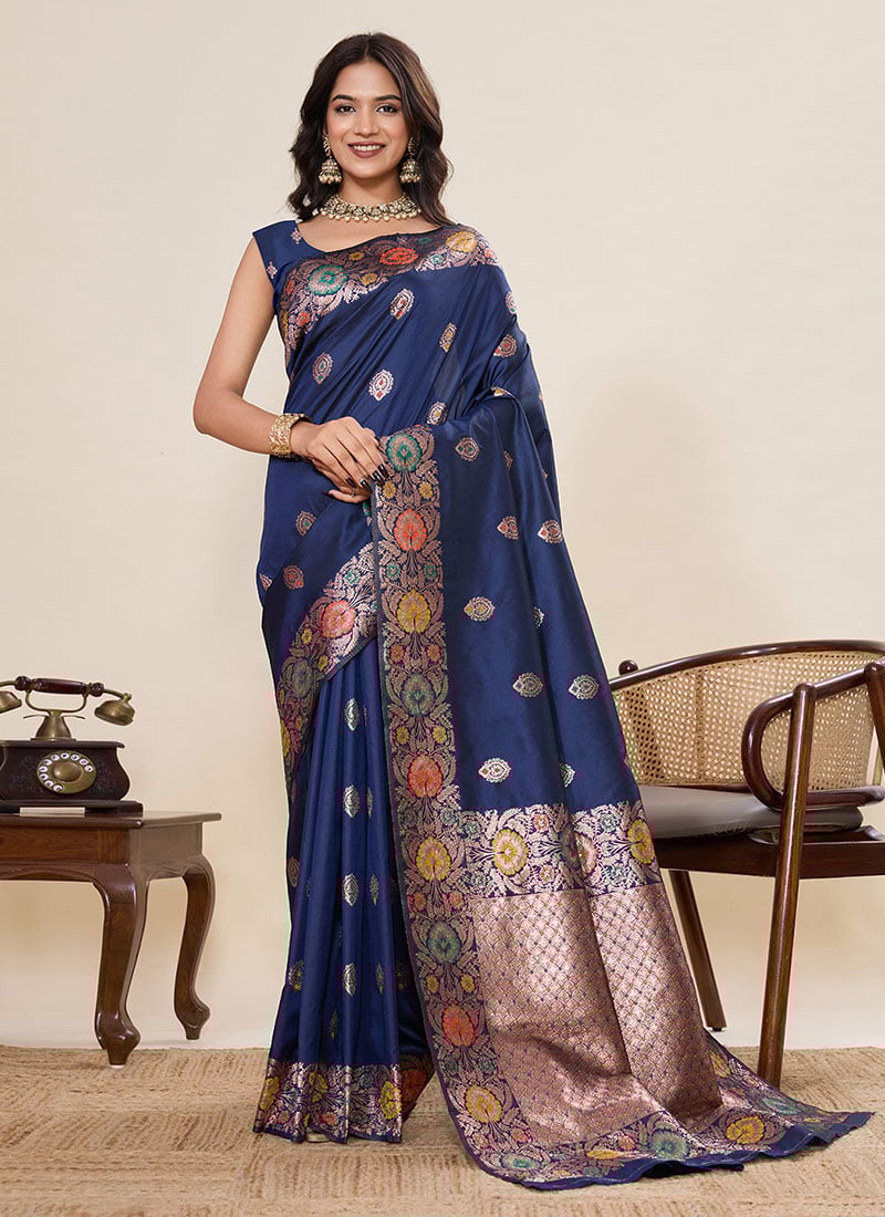 Blue Silk Zari Jacquard Saree Festive Wear