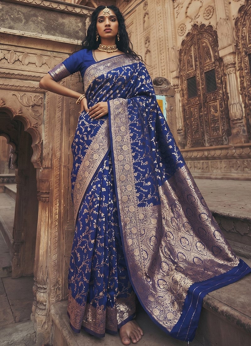 Blue Silk Zari Jacquard Woven Saree Festive Wear