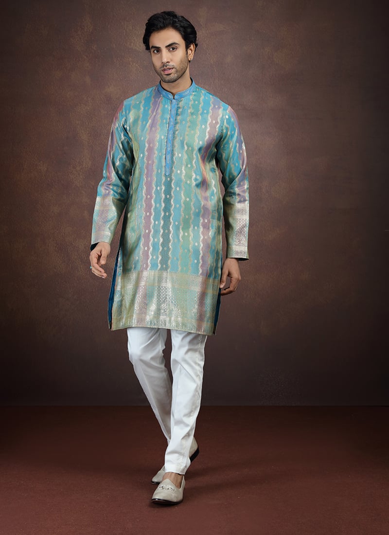 Blue Silk Zari Kurta Pyjama Festive Wear