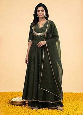 Green Silk Zari Mirror Hand Embroidered Anarkali Suit
