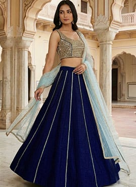 Blue Silk Zari Mirror Hand Embroidered Lehenga