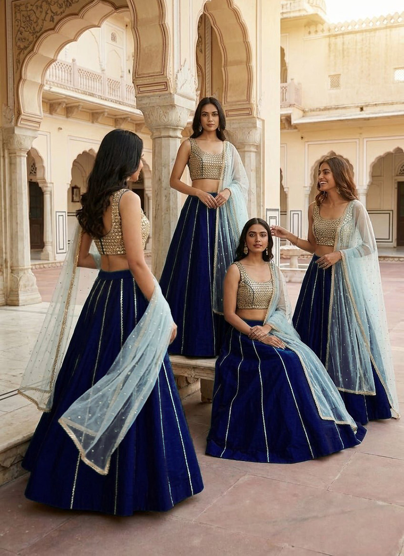 Blue Silk Zari Mirror Hand Embroidered Lehenga Wedding Wear