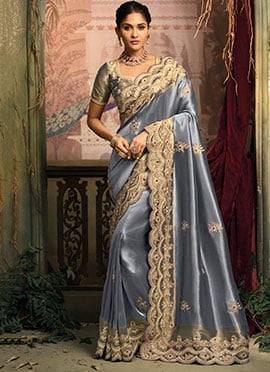 Blue Silk Zari Moti Saree