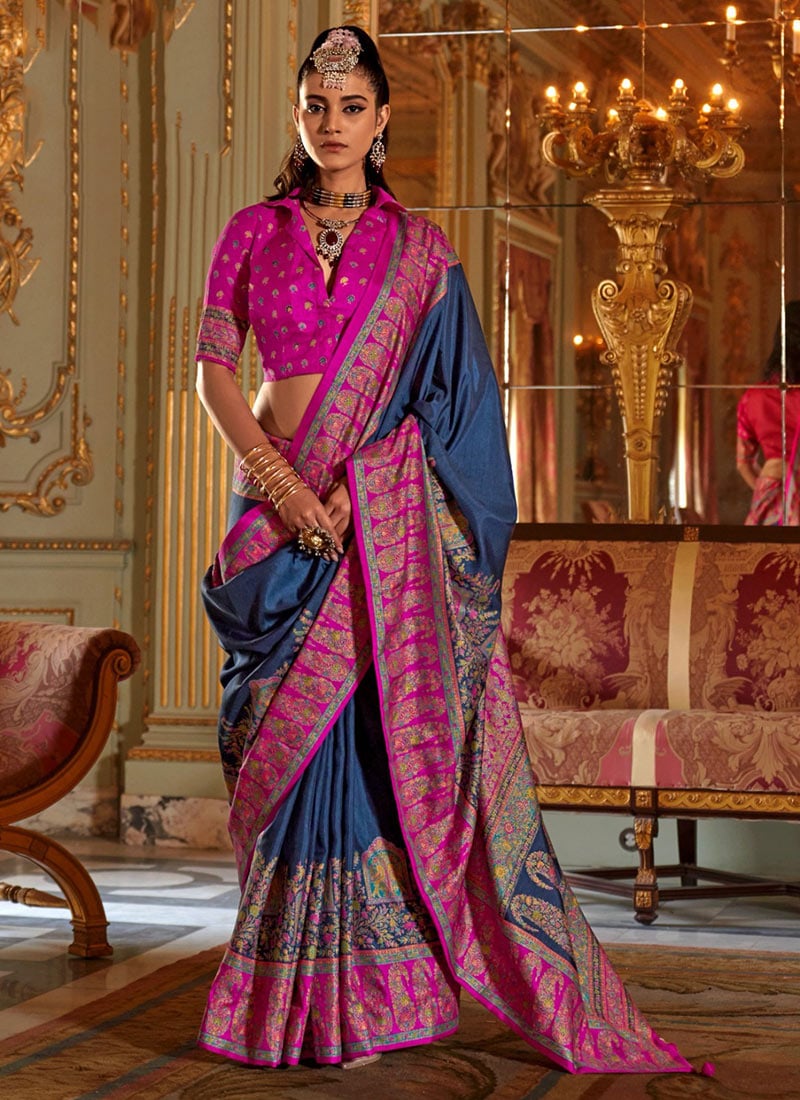 Blue Silk Zari Printed Saree Festive Wear