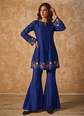 Blue Silk Zari Resham Beads Indowestern Bell Bottom Pant Suit