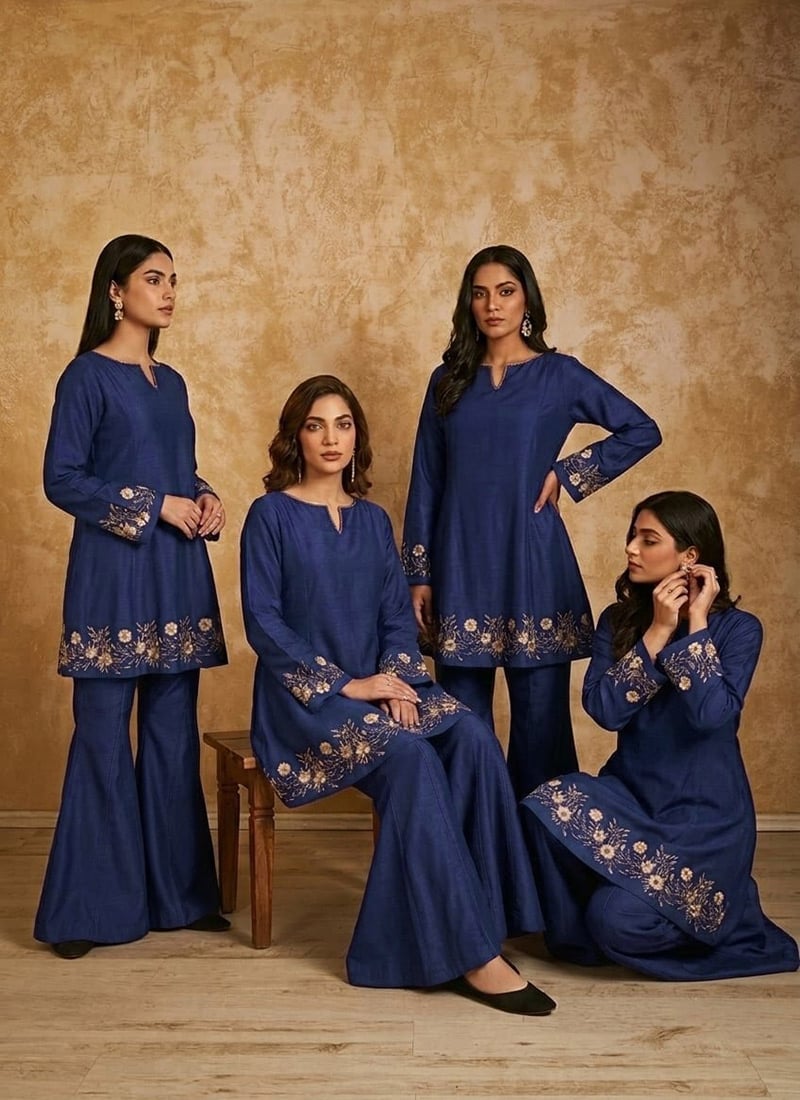 Blue Silk Zari Resham Beads Indowestern Bell Bottom Pant Suit After Six Wear