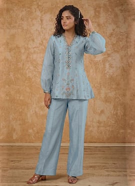 Blue Silk Zari Resham Embroidered  Indowestern Pant Suit