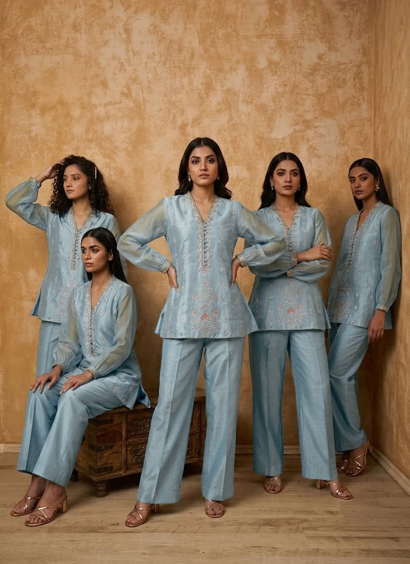 Blue Silk Zari Resham Embroidered  Indowestern Pant Suit After Six Wear