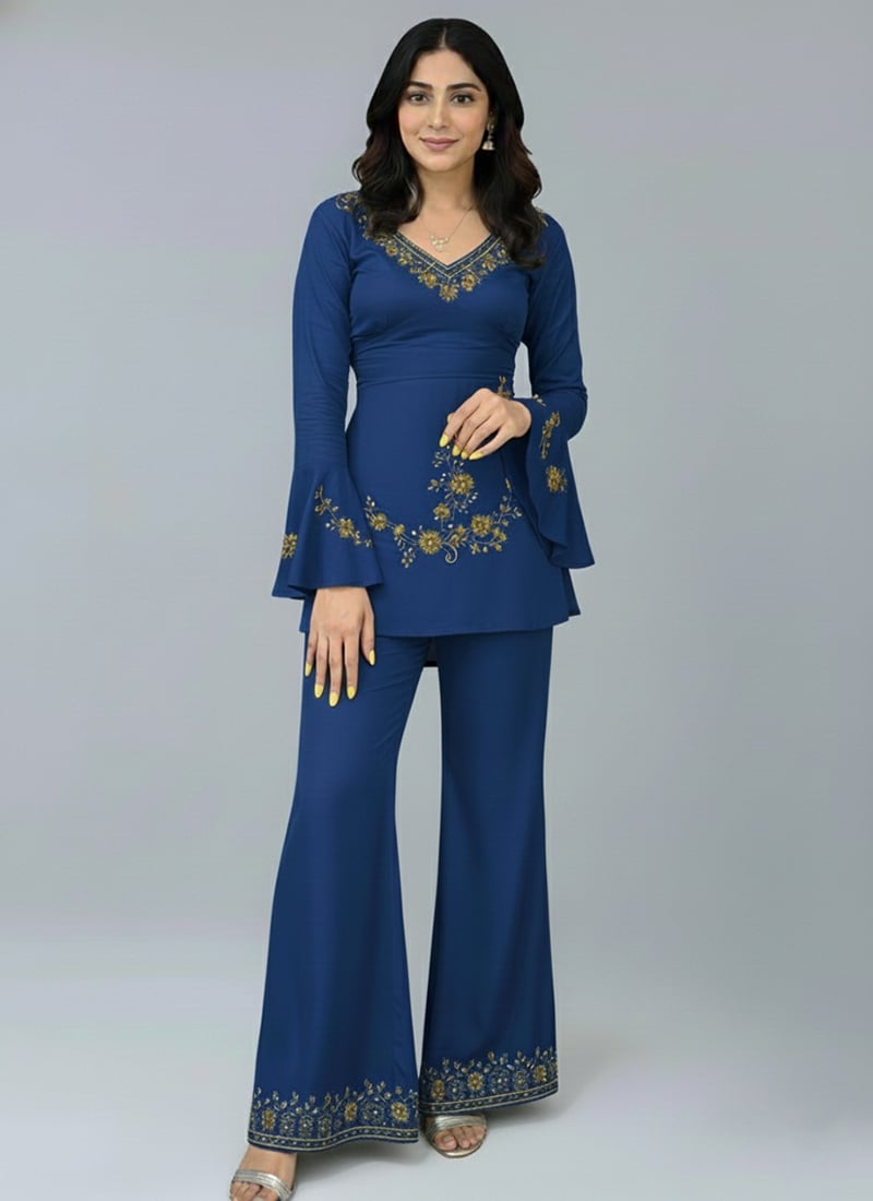 Blue Silk Zari Sequin Indowestern Palazzo Suit Set Festive Wear