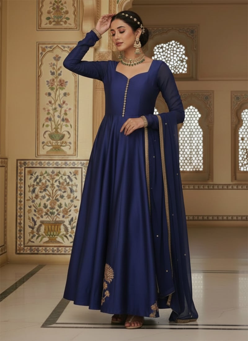 Blue Silk Zari Sequins Anarkali Gown After Six Wear