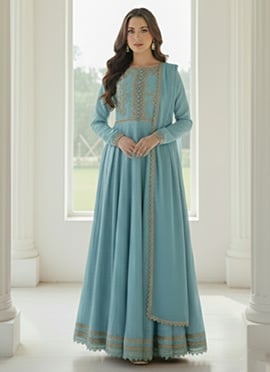 Blue Silk Zari Sequins Anarkali Suit