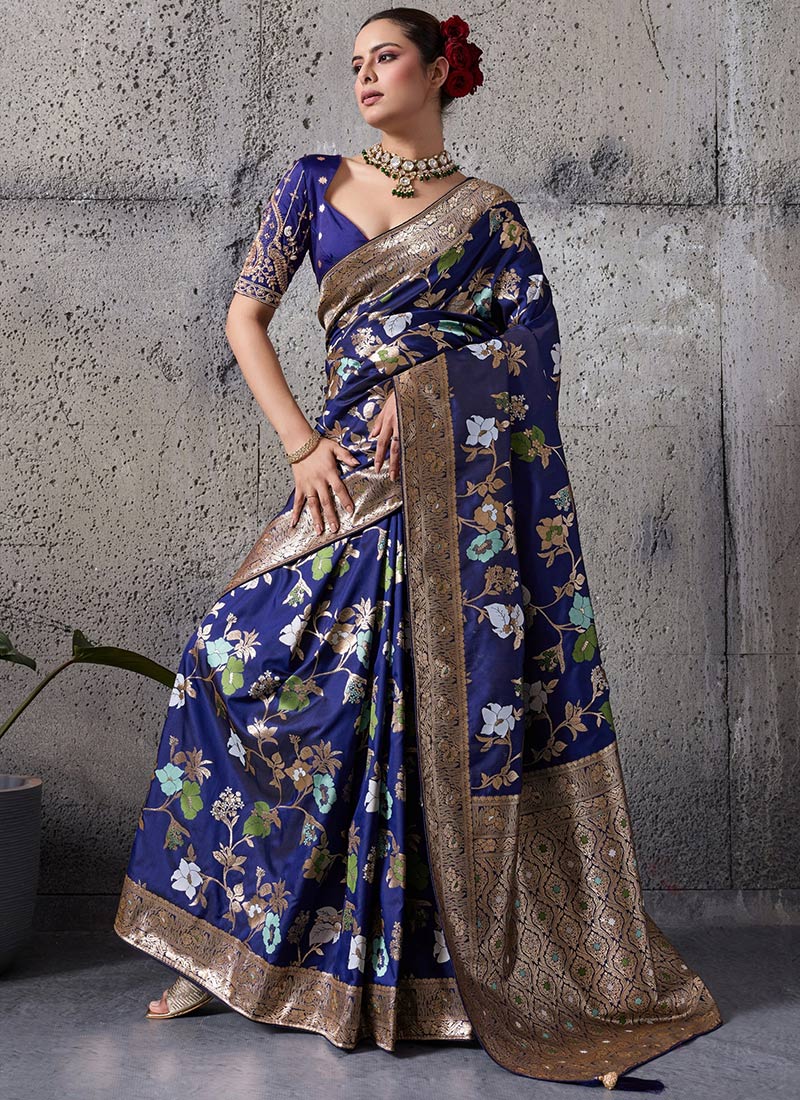 Blue Silk Zari Sequins Banarasi Saree Festive Wear