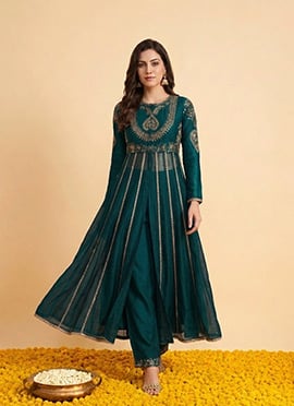 Teal Silk Zari Sequins Embroidered Anarkali Suit
