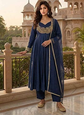 Blue Silk Zari Sequins Embroidered Anarkali Suit