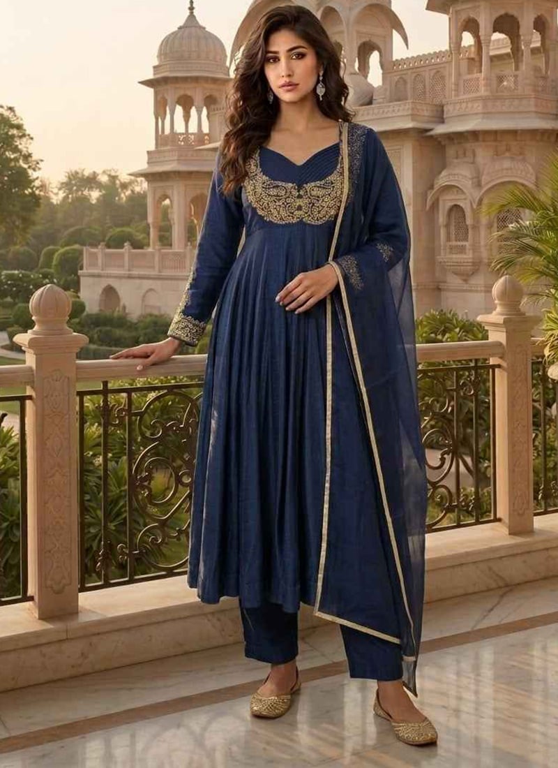 Blue Silk Zari Sequins Embroidered Anarkali Suit Festive Wear