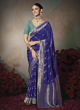 Blue Silk Zari Sequins Embroidered Jacquard Saree
