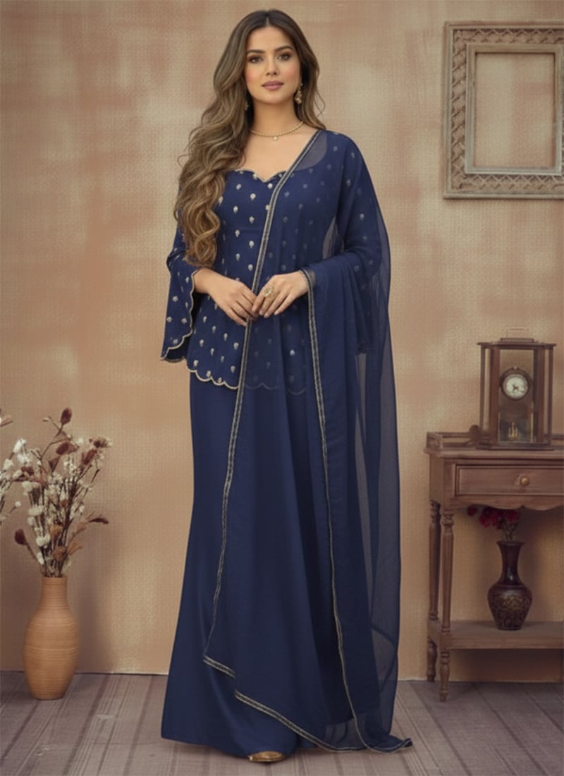 Blue Silk Zari Sequins Graceful Palazzo Ensemble Festive Wear