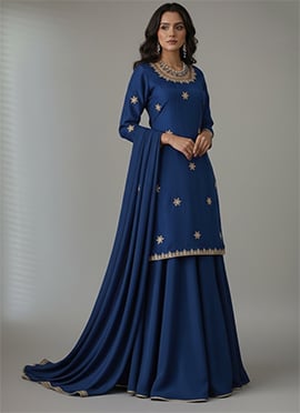 Blue Silk Zari Sequins Hand Embroidered A Line Lehenga