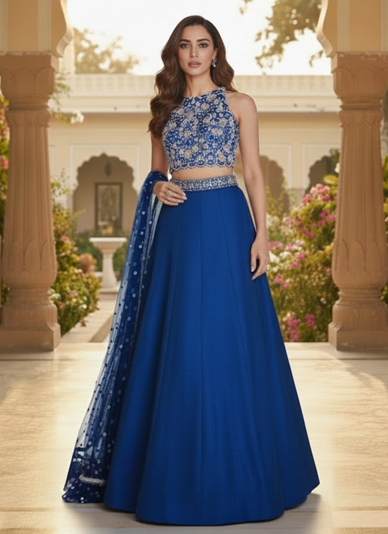Blue Silk Zari Sequins Hand Embroidered A Line Lehenga Wedding Wear