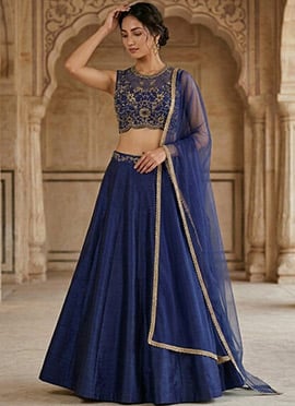 Blue Silk Zari Sequins Hand Embroidered Lehenga