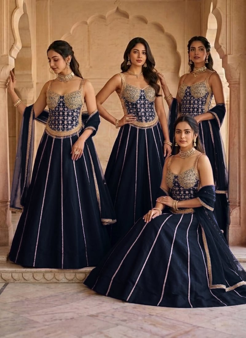 Blue Silk Zari Sequins Lehenga Wedding Wear
