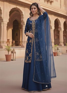 Blue Silk Zari Sequins Long Choli Style Lehenga Set