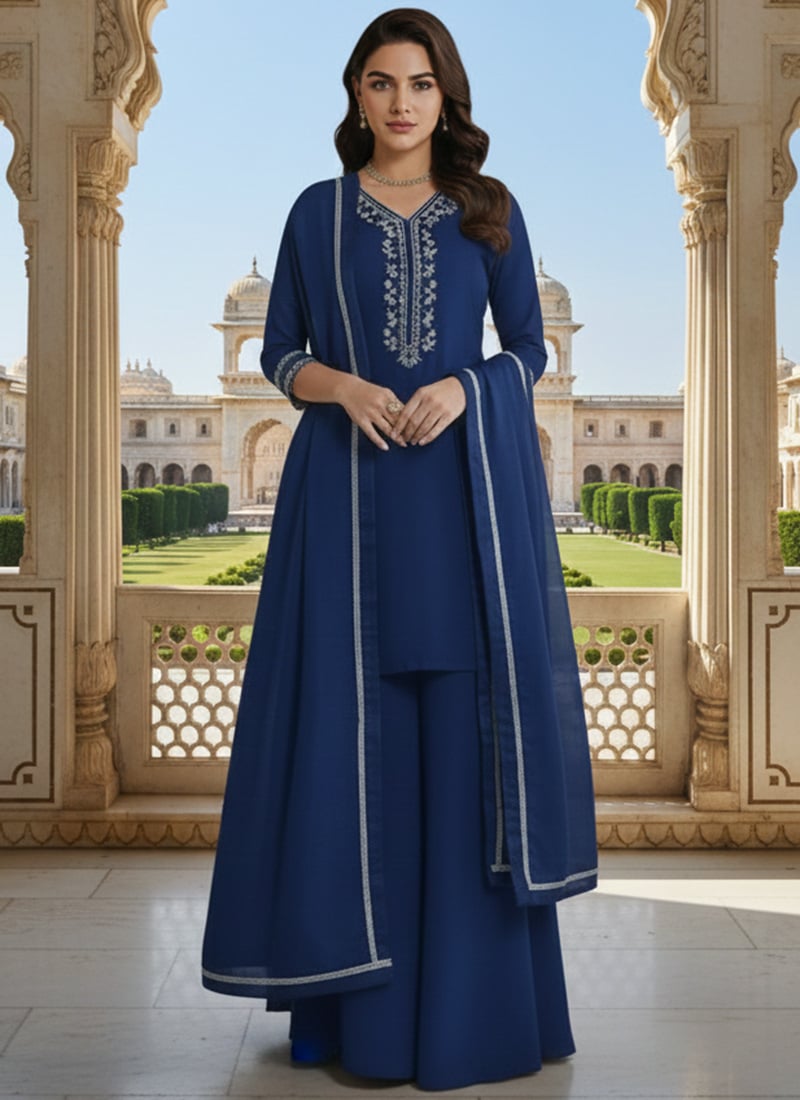 Blue Silk Zari Sequins Palazzo Suit Festive Wear