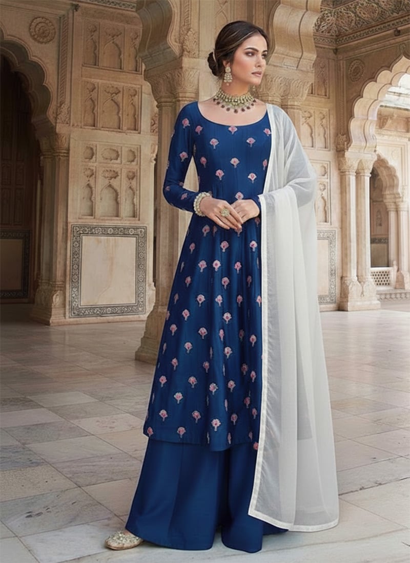 Blue Silk Zari Sequins Palazzo Suit Wedding Wear